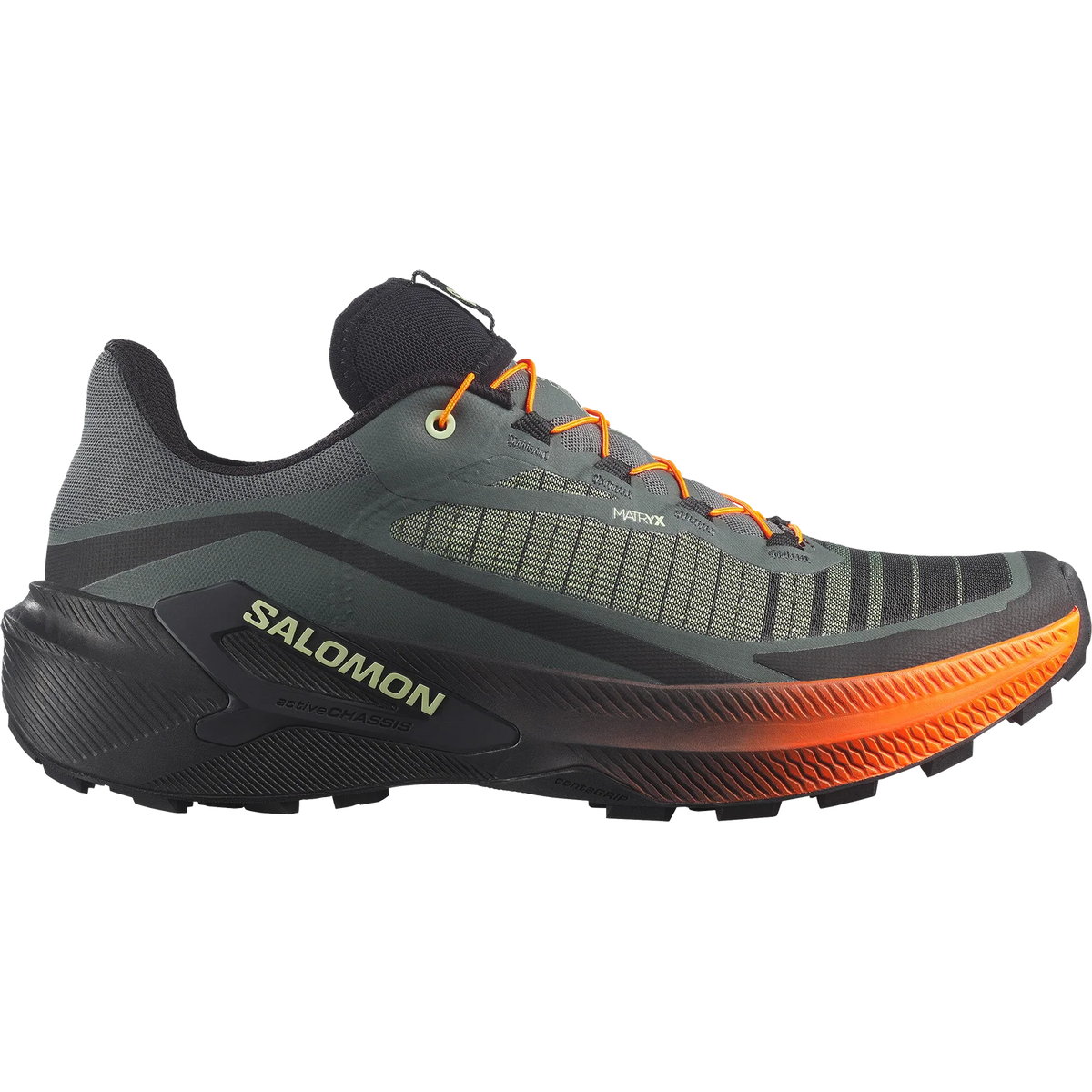 Salomon trail running shoe in dark gray and black with bright orange laces and a vibrant orange outsole, shown from a side profile on a white background. - Salomon Genesis 2 Shoes (Men's) - Urban Chic/Black/Lime Cream