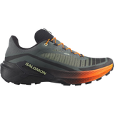 Salomon trail running shoe in dark gray and black with bright orange laces and a vibrant orange outsole, shown from a side profile on a white background. - Salomon Genesis 2 Shoes (Men's) - Urban Chic/Black/Lime Cream