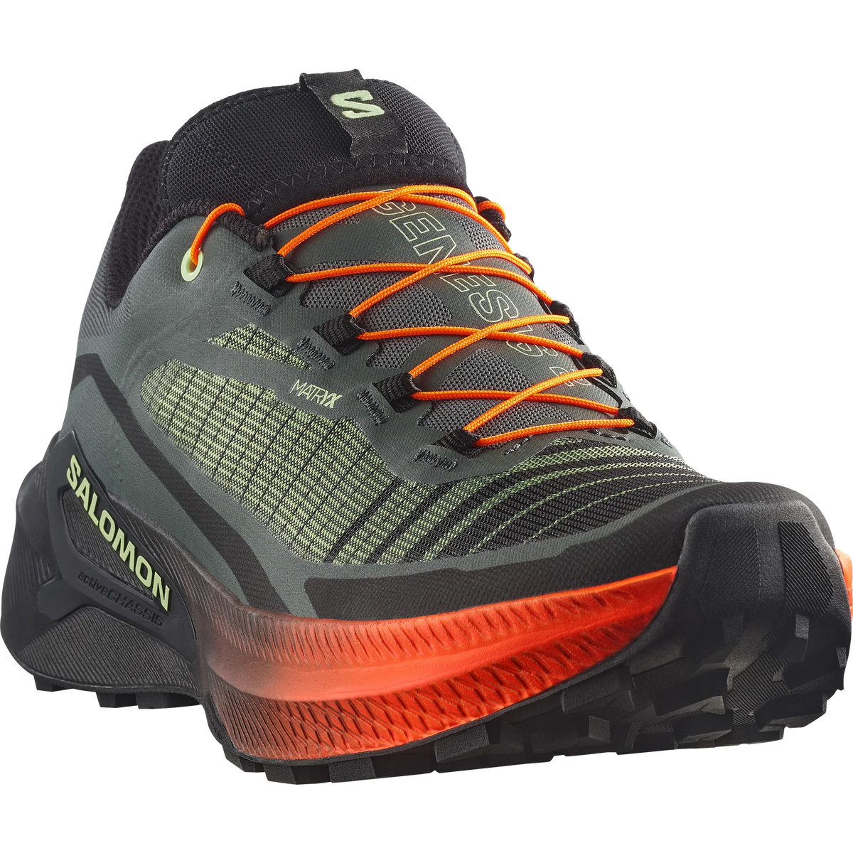 Salomon trail running shoe in dark gray and black with bright orange laces and a translucent orange midsole, shown on a white background. - Salomon Genesis 2 Shoes (Men's) - Urban Chic/Black/Lime Cream