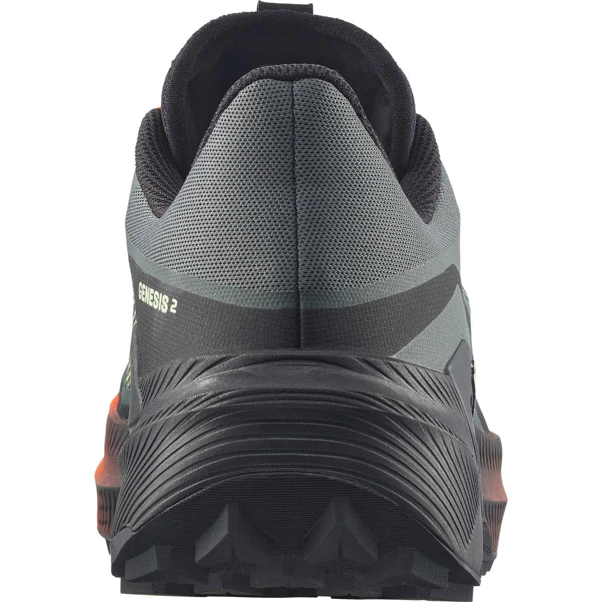 Close-up rear view of a trail running shoe in dark gray and black with a textured sole and small orange accents visible at the heel. - Salomon Genesis 2 Shoes (Men's) - Urban Chic/Black/Lime Cream