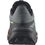 Close-up rear view of a trail running shoe in dark gray and black with a textured sole and small orange accents visible at the heel. - Salomon Genesis 2 Shoes (Men's) - Urban Chic/Black/Lime Cream