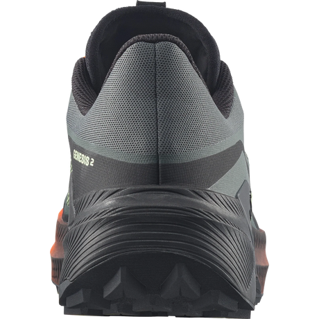 Close-up rear view of a trail running shoe in dark gray and black with a textured sole and small orange accents visible at the heel. - Salomon Genesis 2 Shoes (Men's) - Urban Chic/Black/Lime Cream