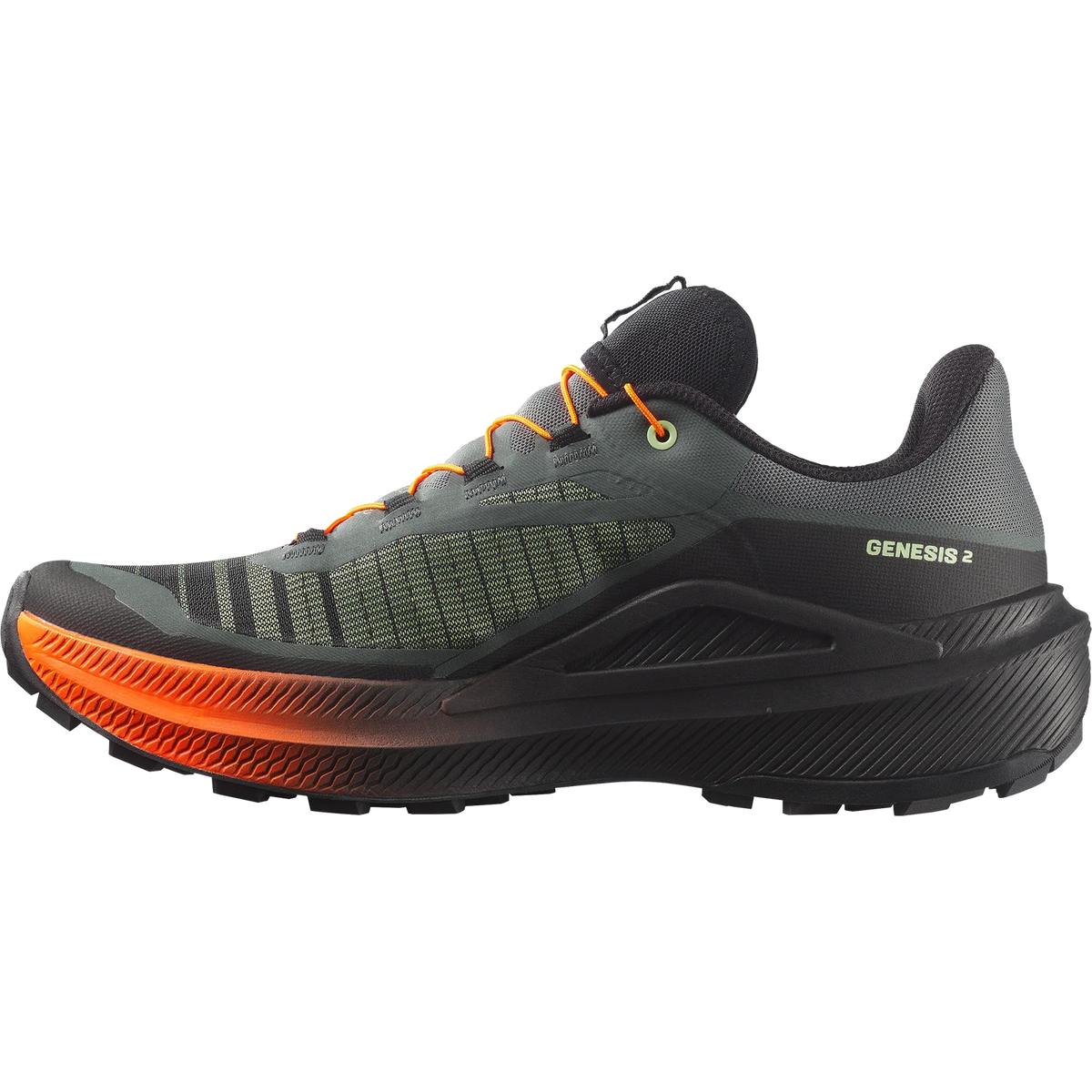 A single trail running shoe shown in a side profile view against a solid white background. The shoe features a dark gray and black upper with textured mesh panels, bright orange laces, and a thick black midsole with a vibrant orange gradient along the outsole. - Salomon Genesis 2 Shoes (Men's) - Urban Chic/Black/Lime Cream