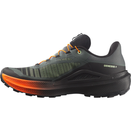 A single trail running shoe shown in a side profile view against a solid white background. The shoe features a dark gray and black upper with textured mesh panels, bright orange laces, and a thick black midsole with a vibrant orange gradient along the outsole. - Salomon Genesis 2 Shoes (Men's) - Urban Chic/Black/Lime Cream