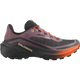 A Salomon trail running shoe in dark purple, black, and orange, shown from a lateral side profile on a solid white background. - Salomon Genesis 2 Shoes (Women's) - Huckleberry/Black/Red Orange