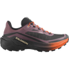 A Salomon trail running shoe in dark purple, black, and orange, shown from a lateral side profile on a solid white background. - Salomon Genesis 2 Shoes (Women's) - Huckleberry/Black/Red Orange