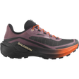 A Salomon trail running shoe in dark purple, black, and orange, shown from a lateral side profile on a solid white background. - Salomon Genesis 2 Shoes (Women's) - Huckleberry/Black/Red Orange