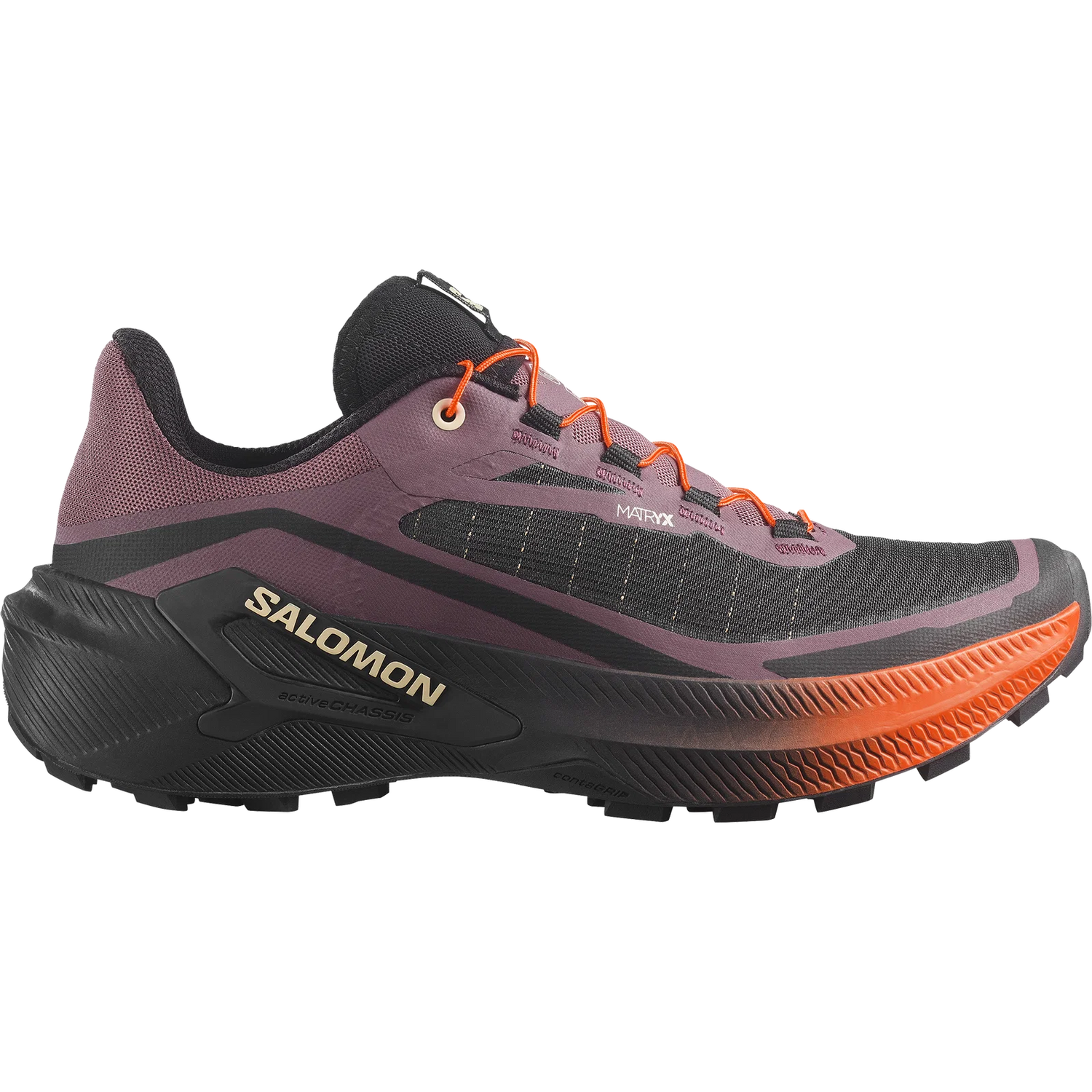 A Salomon trail running shoe in dark purple, black, and orange, shown from a lateral side profile on a solid white background. - Salomon Genesis 2 Shoes (Women's) - Huckleberry/Black/Red Orange