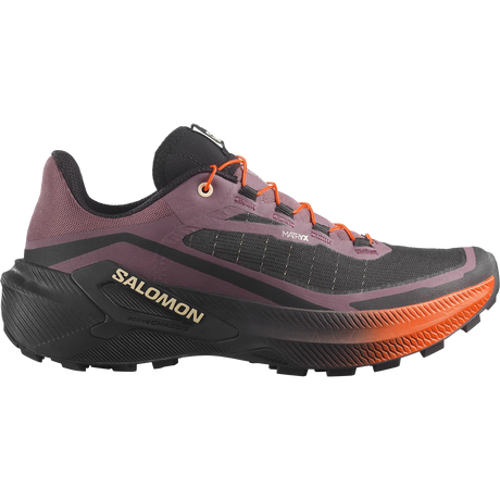 A Salomon trail running shoe in dark purple, black, and orange, shown from a lateral side profile on a solid white background. - Salomon Genesis 2 Shoes (Women's) - Huckleberry/Black/Red Orange