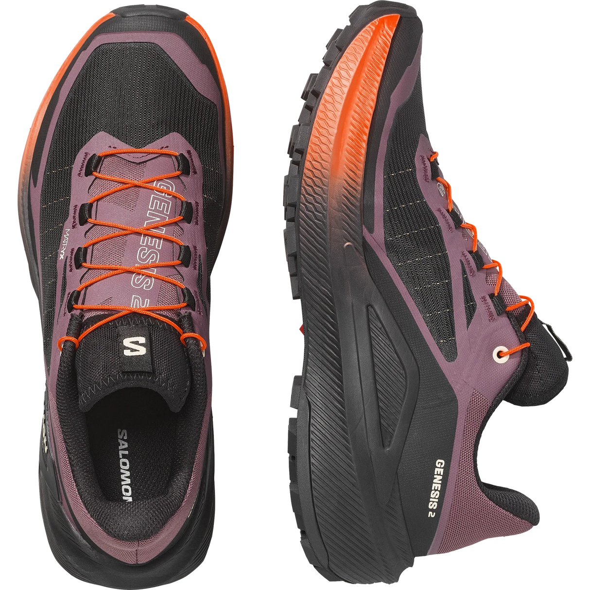 Salomon Genesee 2 trail running shoes shown from the top and side views against a white background. The shoes feature a black and purple mesh upper with vibrant orange accents on the laces, midsole, and outsole. - Salomon Genesis 2 Shoes (Women's) - Huckleberry/Black/Red Orange