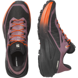 Salomon Genesee 2 trail running shoes shown from the top and side views against a white background. The shoes feature a black and purple mesh upper with vibrant orange accents on the laces, midsole, and outsole. - Salomon Genesis 2 Shoes (Women's) - Huckleberry/Black/Red Orange