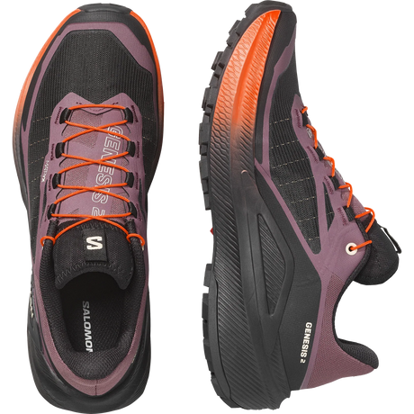 Salomon Genesee 2 trail running shoes shown from the top and side views against a white background. The shoes feature a black and purple mesh upper with vibrant orange accents on the laces, midsole, and outsole. - Salomon Genesis 2 Shoes (Women's) - Huckleberry/Black/Red Orange