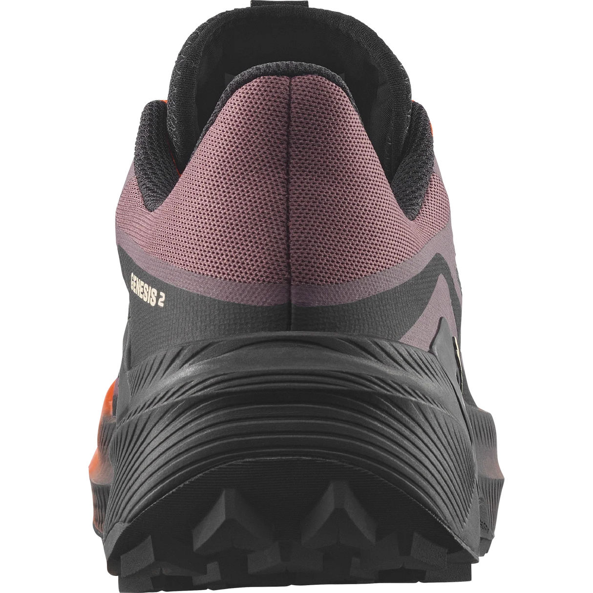 Close-up rear view of a trail running shoe showing the heel counter, textured black midsole, and a dusty rose mesh upper with 'GENIOS 2' text on the side. - Salomon Genesis 2 Shoes (Women's) - Huckleberry/Black/Red Orange