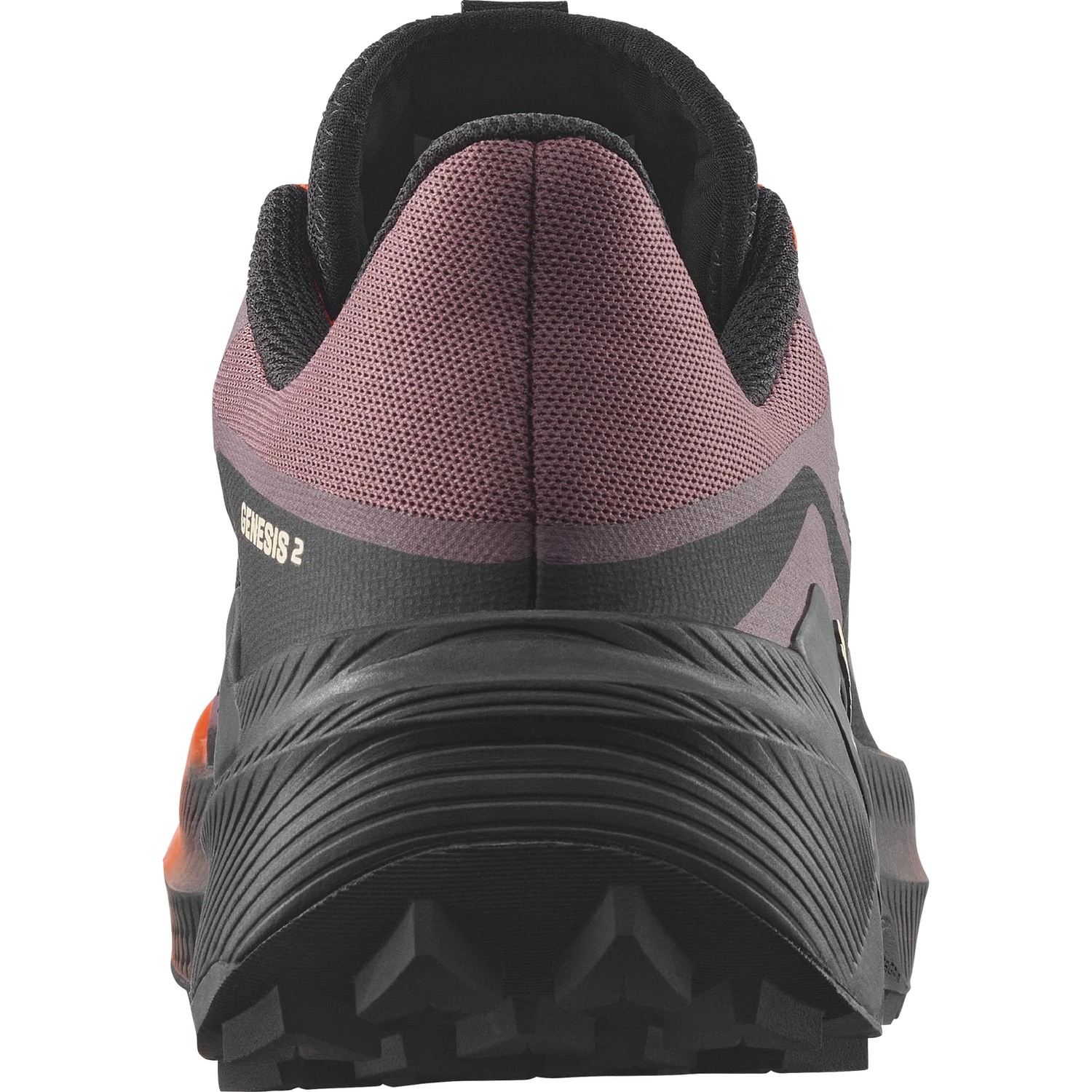 Close-up rear view of a trail running shoe showing the heel counter, textured black midsole, and a dusty rose mesh upper with 'GENIOS 2' text on the side. - Salomon Genesis 2 Shoes (Women's) - Huckleberry/Black/Red Orange