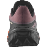 Close-up rear view of a trail running shoe showing the heel counter, textured black midsole, and a dusty rose mesh upper with 'GENIOS 2' text on the side. - Salomon Genesis 2 Shoes (Women's) - Huckleberry/Black/Red Orange