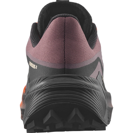 Close-up rear view of a trail running shoe showing the heel counter, textured black midsole, and a dusty rose mesh upper with 'GENIOS 2' text on the side. - Salomon Genesis 2 Shoes (Women's) - Huckleberry/Black/Red Orange