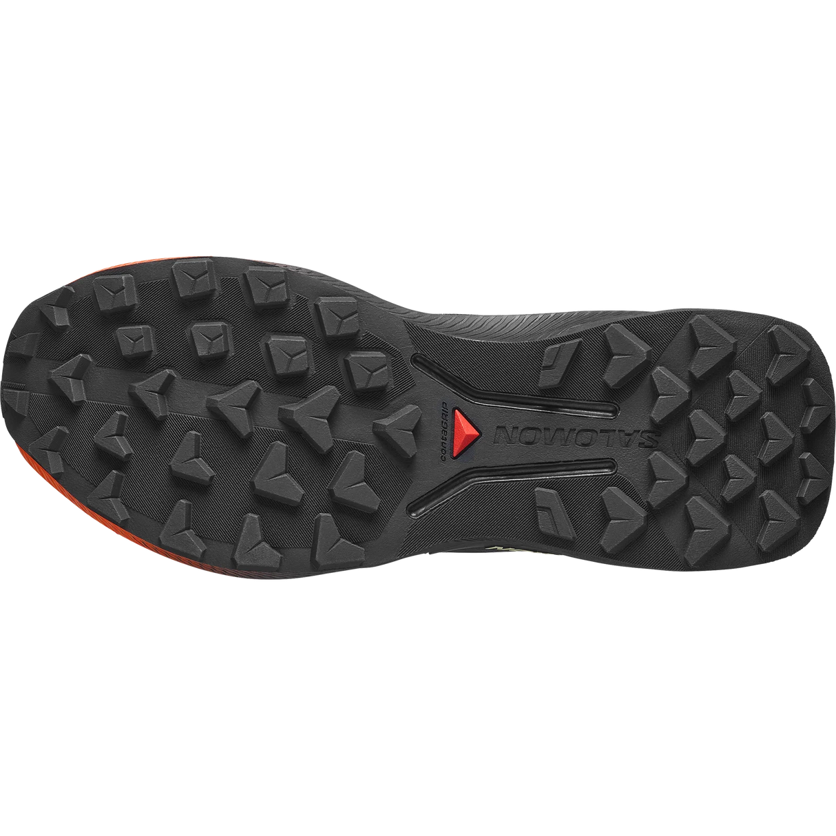 The outsole of a Salomon trail running shoe, showing deep lugs and the Salomon logo with a red triangle on a black rubber tread. - Salomon Genesis 2 Shoes (Women's) - Huckleberry/Black/Red Orange