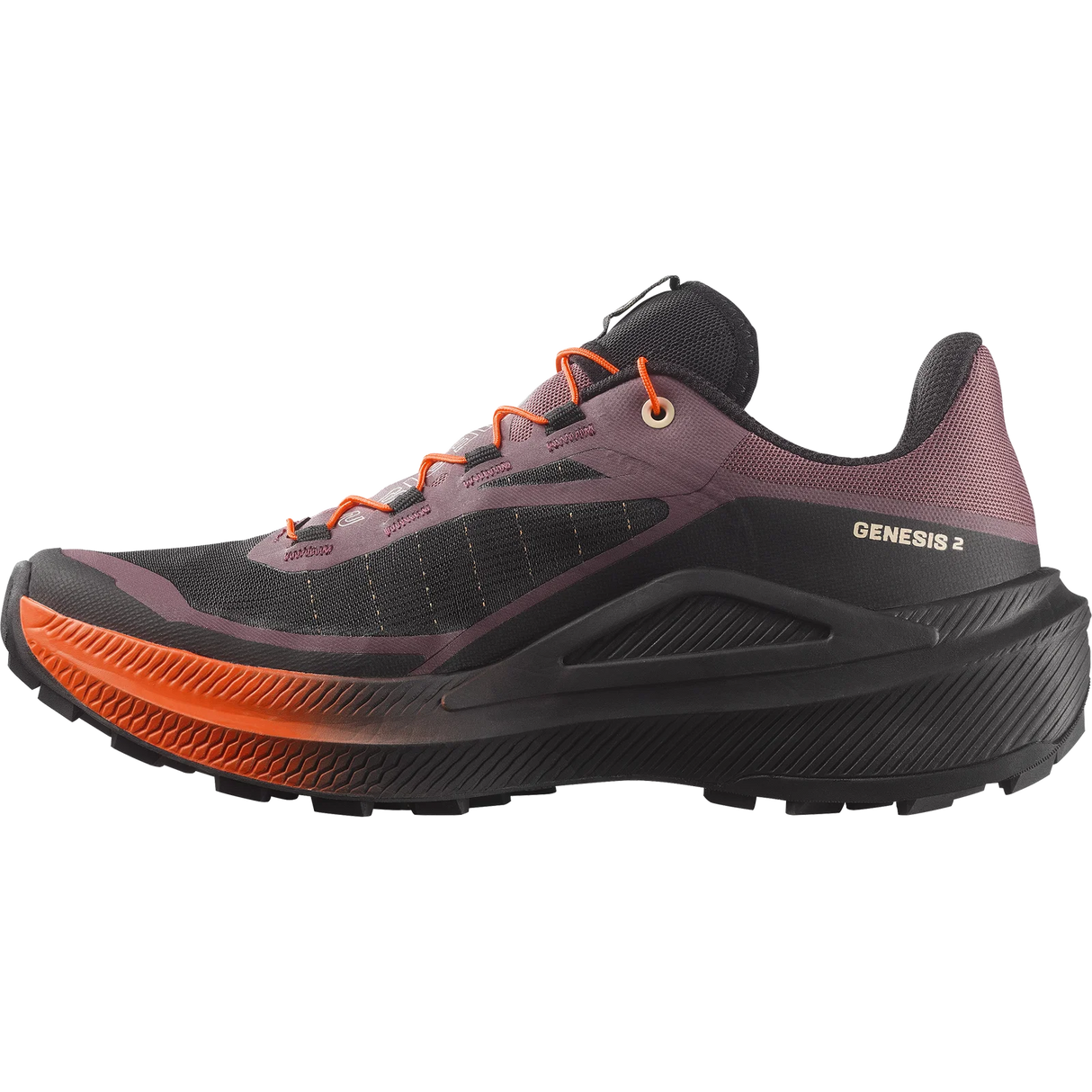 A single trail running shoe shown in a side profile view against a solid white background. The shoe features a dark gray and black mesh upper with a dusty purple collar, bright orange laces, and a thick black midsole with a vibrant orange outsole. - Salomon Genesis 2 Shoes (Women's) - Huckleberry/Black/Red Orange