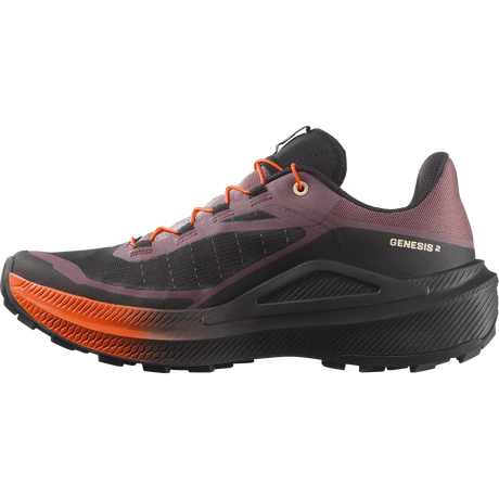 A single trail running shoe shown in a side profile view against a solid white background. The shoe features a dark gray and black mesh upper with a dusty purple collar, bright orange laces, and a thick black midsole with a vibrant orange outsole. - Salomon Genesis 2 Shoes (Women's) - Huckleberry/Black/Red Orange