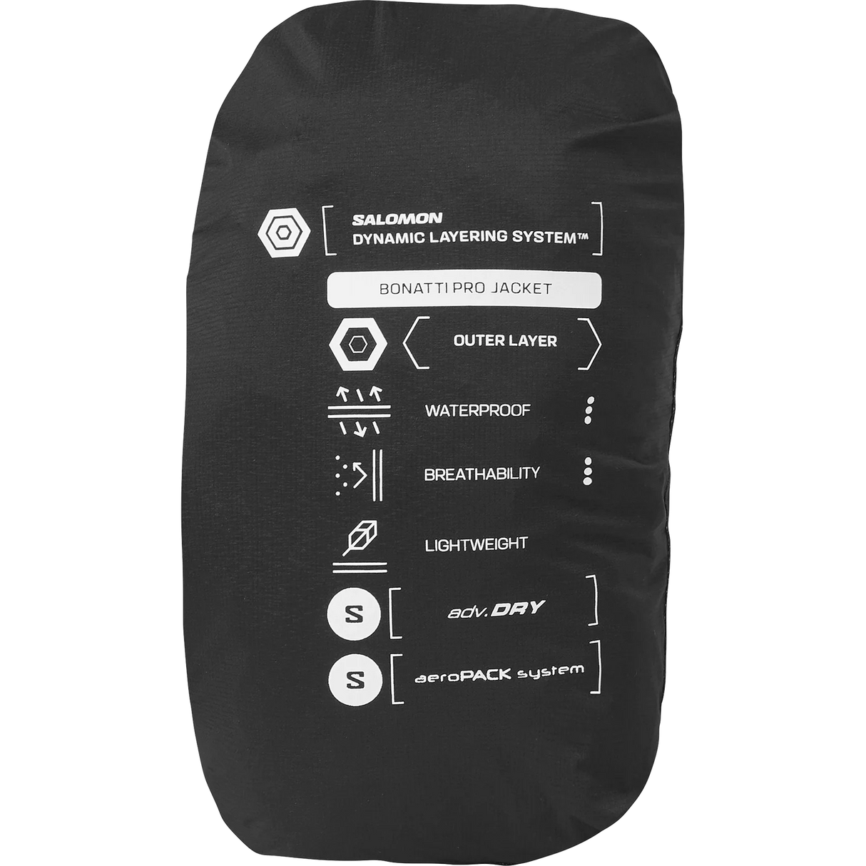 A black Salomon Dynamic Layering System Bonatti Pro Jacket packable sleeve, featuring white printed technical specifications and logos on a clean white background. - Salomon Bonatti Pro Jacket (Men's) - Deep Black