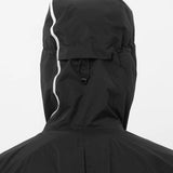 Black raincoat with white stripe on a light gray background - Salomon Bonatti Pro Jacket (Men's) - Deep Black