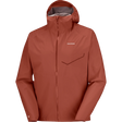 A Salomon hooded rain jacket in a terracotta rust color, featuring a full-zip front, a zippered chest pocket, and the Salomon logo on the left chest, shown against a plain white background. - Salomon Bonatti Waterproof Jacket (Men's) - Burnt Umber