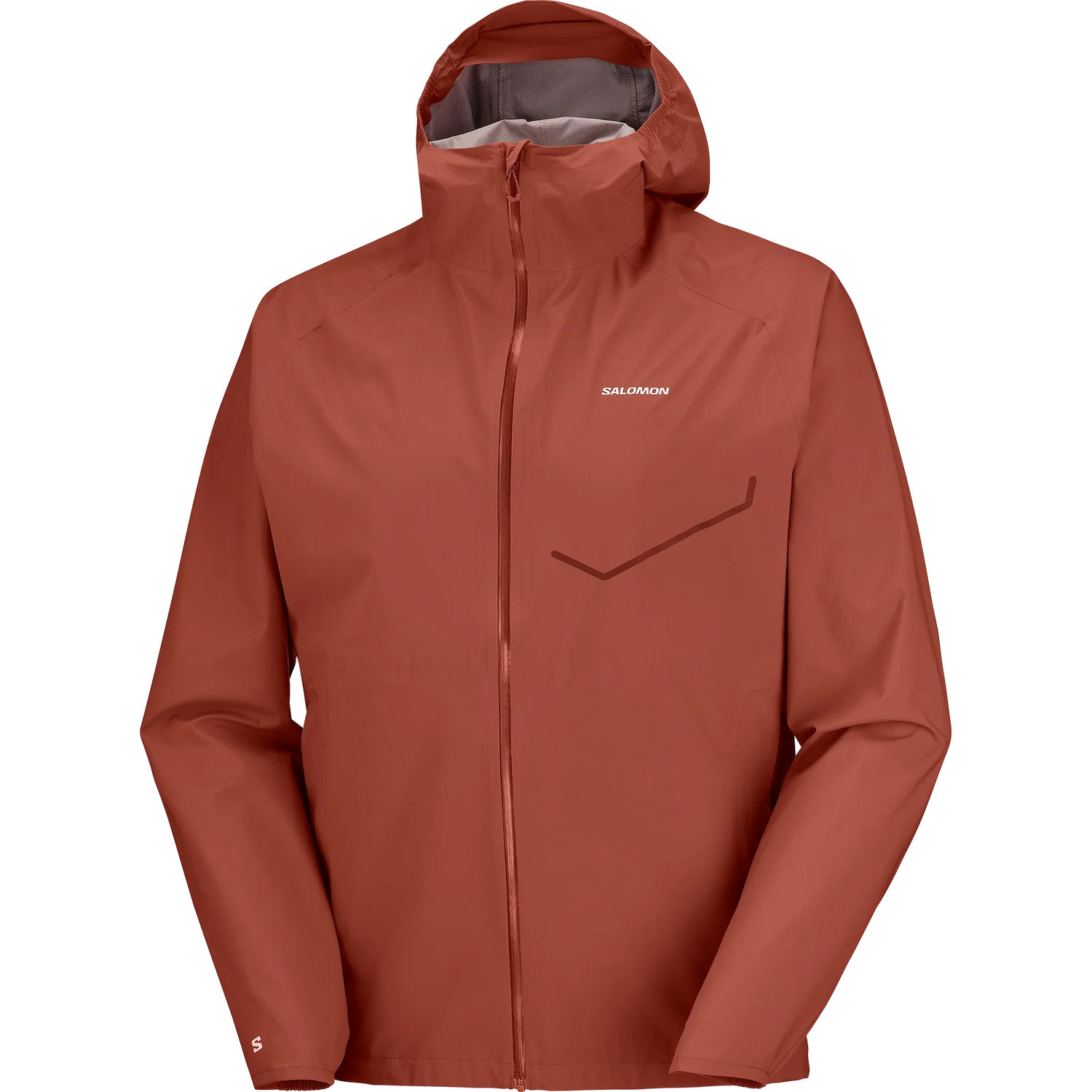 A Salomon hooded rain jacket in a terracotta rust color, featuring a full-zip front, a zippered chest pocket, and the Salomon logo on the left chest, shown against a plain white background. - Salomon Bonatti Waterproof Jacket (Men's) - Burnt Umber