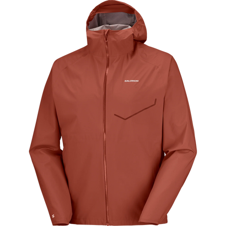 A Salomon hooded rain jacket in a terracotta rust color, featuring a full-zip front, a zippered chest pocket, and the Salomon logo on the left chest, shown against a plain white background. - Salomon Bonatti Waterproof Jacket (Men's) - Burnt Umber