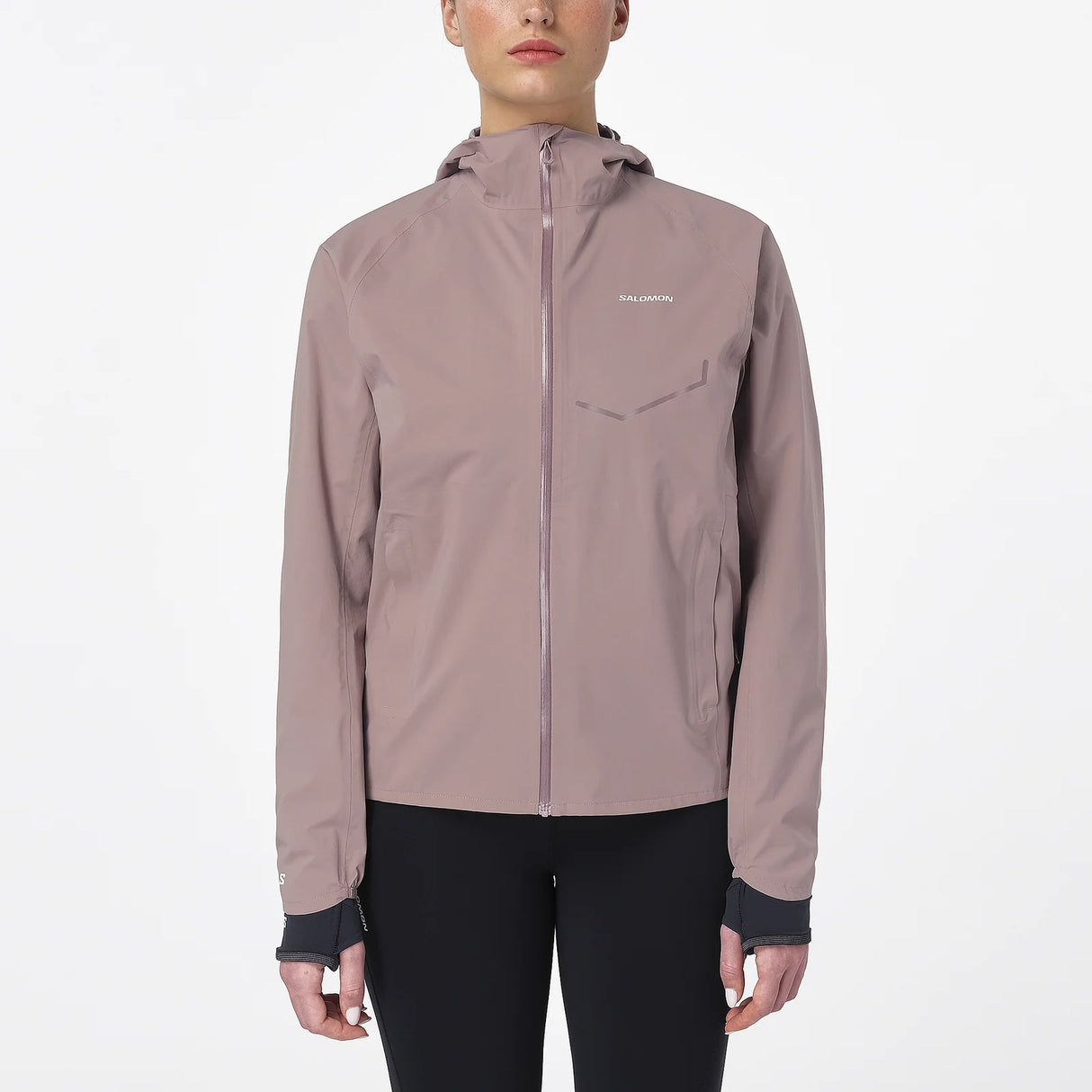 Person wearing a light brown jacket with a brand logo on a white background - Salomon Bonatti Waterproof Jacket (Women's) - Antler