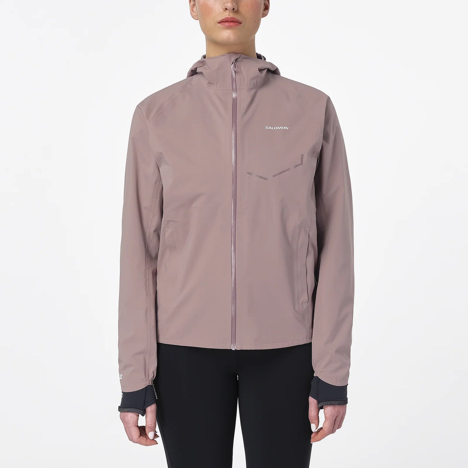 Person wearing a light brown jacket with a brand logo on a white background - Salomon Bonatti Waterproof Jacket (Women's) - Antler