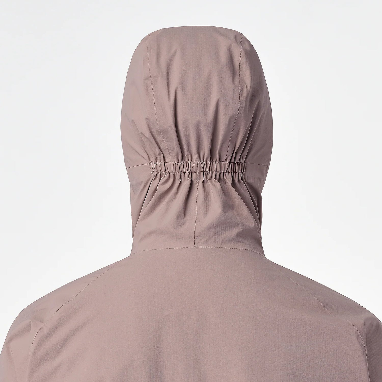Rear view of a hooded jacket in a muted dusty mauve color, featuring an elasticized hood neck, shown on a plain white background. - Salomon Bonatti Waterproof Jacket (Women's) - Antler