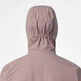 Rear view of a hooded jacket in a muted dusty mauve color, featuring an elasticized hood neck, shown on a plain white background. - Salomon Bonatti Waterproof Jacket (Women's) - Antler