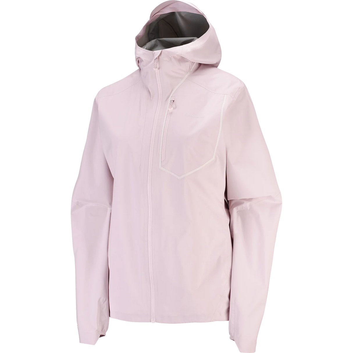 A light pink hooded rain jacket with a full front zipper and zippered chest pocket, shown on a plain white background. - Salomon Bonatti Pro Jacket (Women's) - Icy Pink