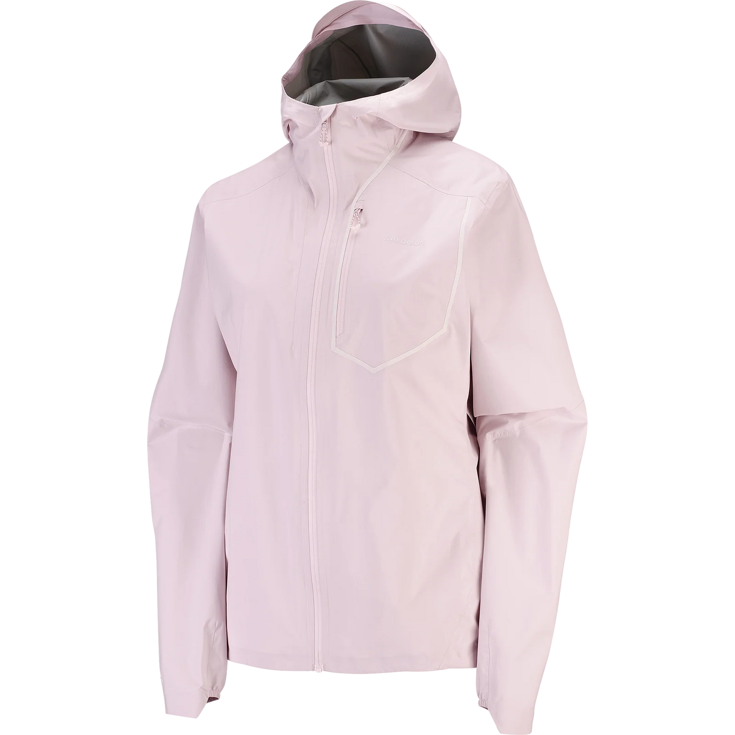 A light pink hooded rain jacket with a full front zipper and zippered chest pocket, shown on a plain white background. - Salomon Bonatti Pro Jacket (Women's) - Icy Pink