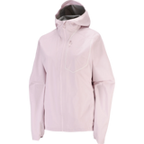 A light pink hooded rain jacket with a full front zipper and zippered chest pocket, shown on a plain white background. - Salomon Bonatti Pro Jacket (Women's) - Icy Pink