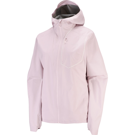 A light pink hooded rain jacket with a full front zipper and zippered chest pocket, shown on a plain white background. - Salomon Bonatti Pro Jacket (Women's) - Icy Pink