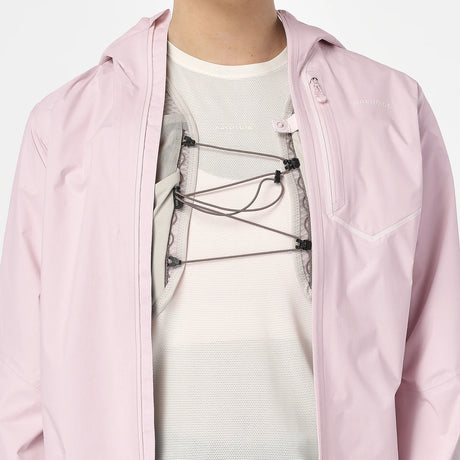 Person wearing a light pink jacket over a white shirt with a graphic design. - Salomon Bonatti Pro Jacket (Women's) - Icy Pink