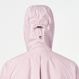 Back view of a light pink hooded jacket with a drawstring hood and a central back seam, shown against a plain light gray background. - Salomon Bonatti Pro Jacket (Women's) - Icy Pink