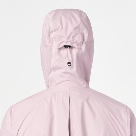 Back view of a light pink hooded jacket with a drawstring hood and a central back seam, shown against a plain light gray background. - Salomon Bonatti Pro Jacket (Women's) - Icy Pink