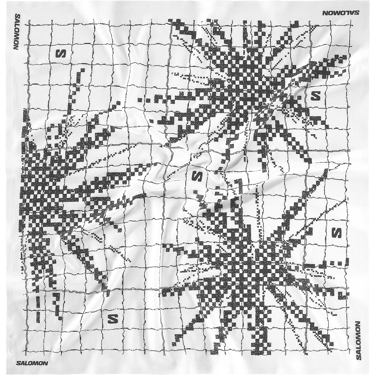 A square black-and-white printed artwork or poster featuring a crisscross grid with pixelated burst patterns and the word 'SALOMON' repeated around the border, with 'NOWOTYRS' at the top right. - Salomon Bandana Graphic (Unisex) - Whisper White/Deep Black