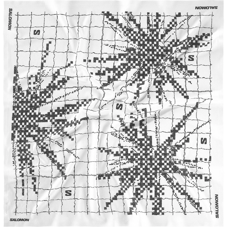 A square black-and-white printed artwork or poster featuring a crisscross grid with pixelated burst patterns and the word 'SALOMON' repeated around the border, with 'NOWOTYRS' at the top right. - Salomon Bandana Graphic (Unisex) - Whisper White/Deep Black