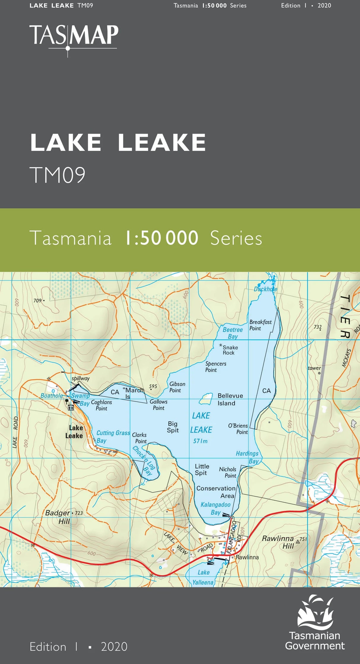 Tasmanian map cover for Lake Leake TM09, showing a topographic and hydrographic map of the lake with contour lines, roads, and labels. The cover has a dark gray top section with the TASMAP logo and title, a green band with series text, and the map itself below. - Tasmap 1:50000 Topographic/Cadastral Maps - Lake Leake