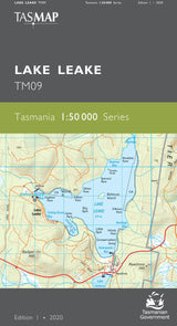 Tasmanian map cover for Lake Leake TM09, showing a topographic and hydrographic map of the lake with contour lines, roads, and labels. The cover has a dark gray top section with the TASMAP logo and title, a green band with series text, and the map itself below. - Tasmap 1:50000 Topographic/Cadastral Maps - Lake Leake