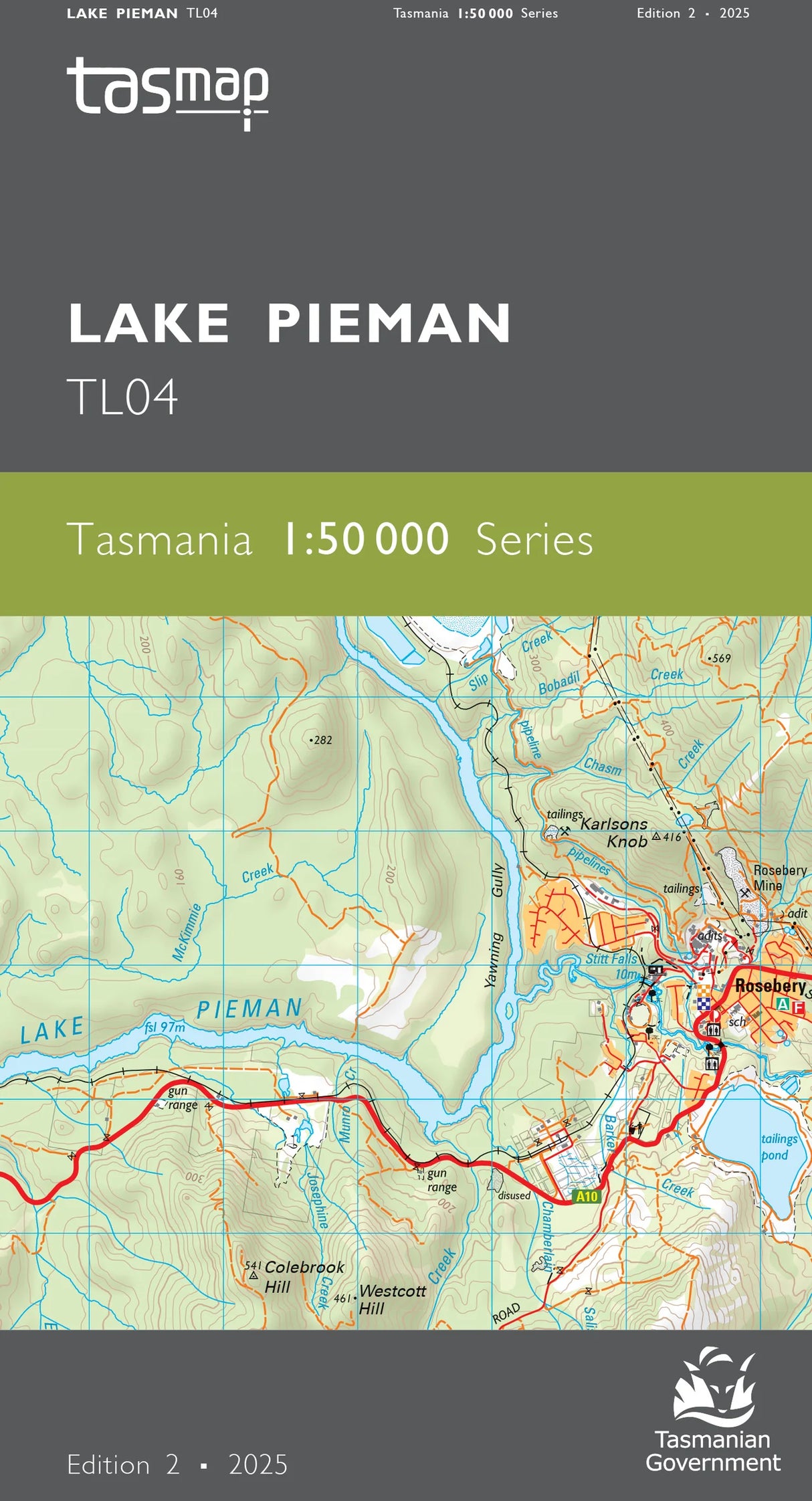 Front cover of a Tasmap map publication for Lake Pieman, TL04, showing the Tasmap logo, title text, a green band reading 'Tasmania 1:50 000 Series,' and a topographic map of the lake area with roads and red route lines. - Tasmap 1:50000 Topographic/Cadastral Maps - Lake Pieman