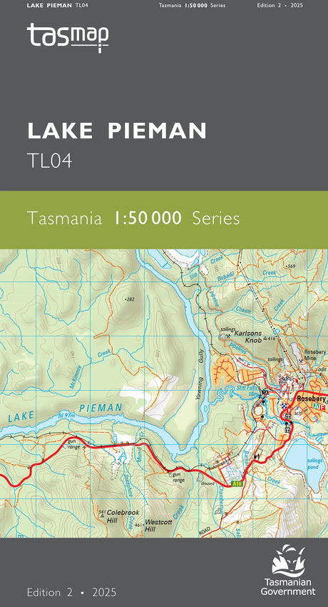 Front cover of a Tasmap map publication for Lake Pieman, TL04, showing the Tasmap logo, title text, a green band reading 'Tasmania 1:50 000 Series,' and a topographic map of the lake area with roads and red route lines. - Tasmap 1:50000 Topographic/Cadastral Maps - Lake Pieman