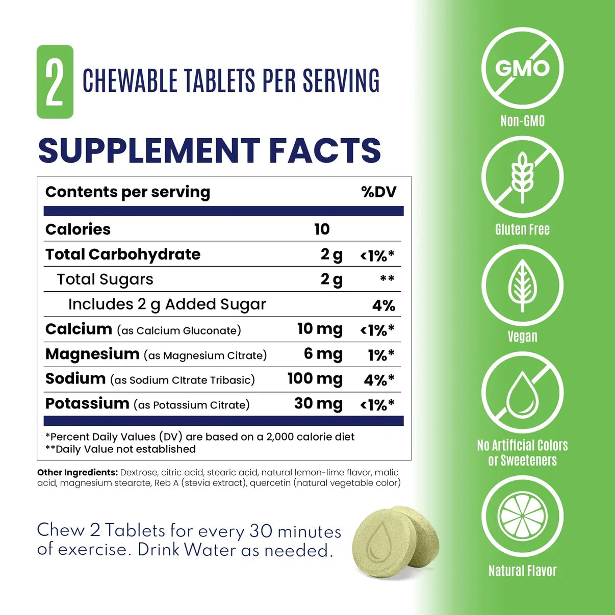 Supplement facts label with green background and white text - SaltStick FastChews - Lemon-Lime 