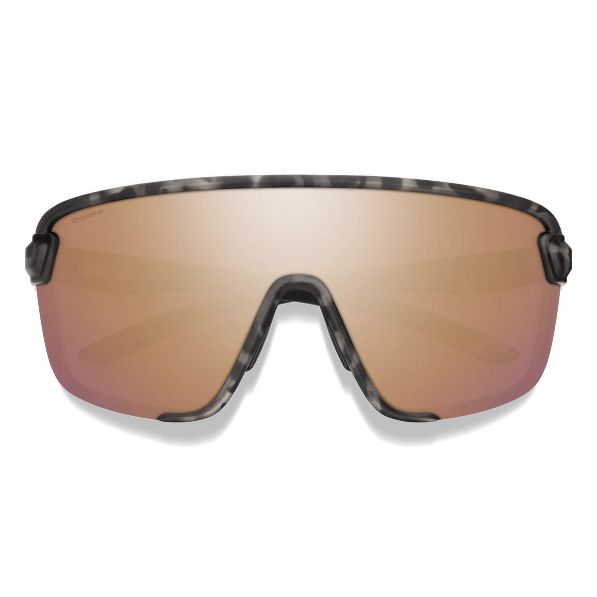 Sunglasses with brown reflective lenses and tortoiseshell frame on a white background - Smith Bobcat Sunglasses - Matte Salt Haze | ChromaPop Rose Gold 