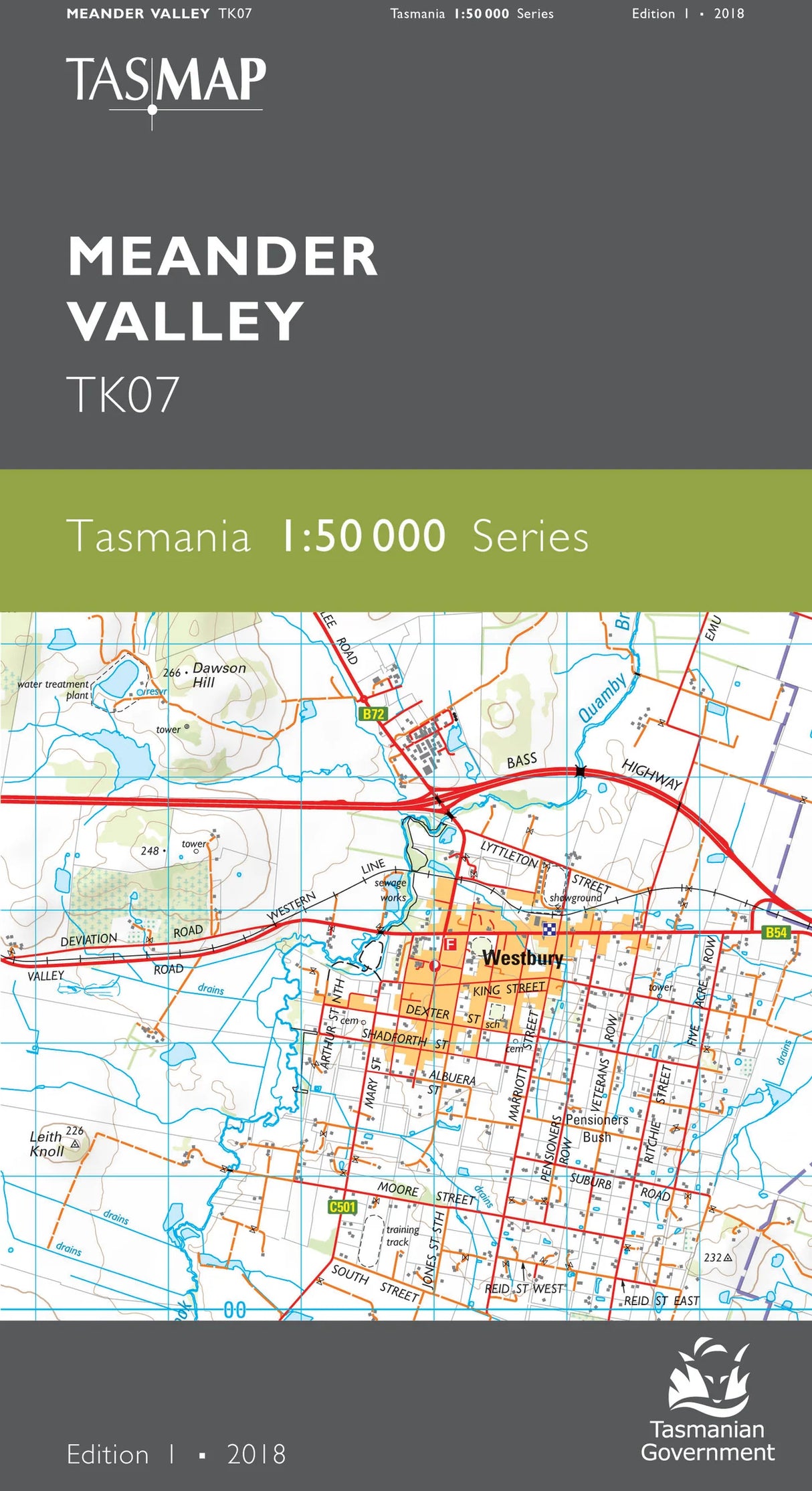 Front cover of a TASMAP map for Meander Valley, TK07, Tasmania, 1:50 000 Series, Edition 1, 2018. The cover has a dark gray top section with white text and a green band, above a detailed topographic map of Westbury, Tasmania. - Tasmap 1:50000 Topographic/Cadastral Maps - Meander valley