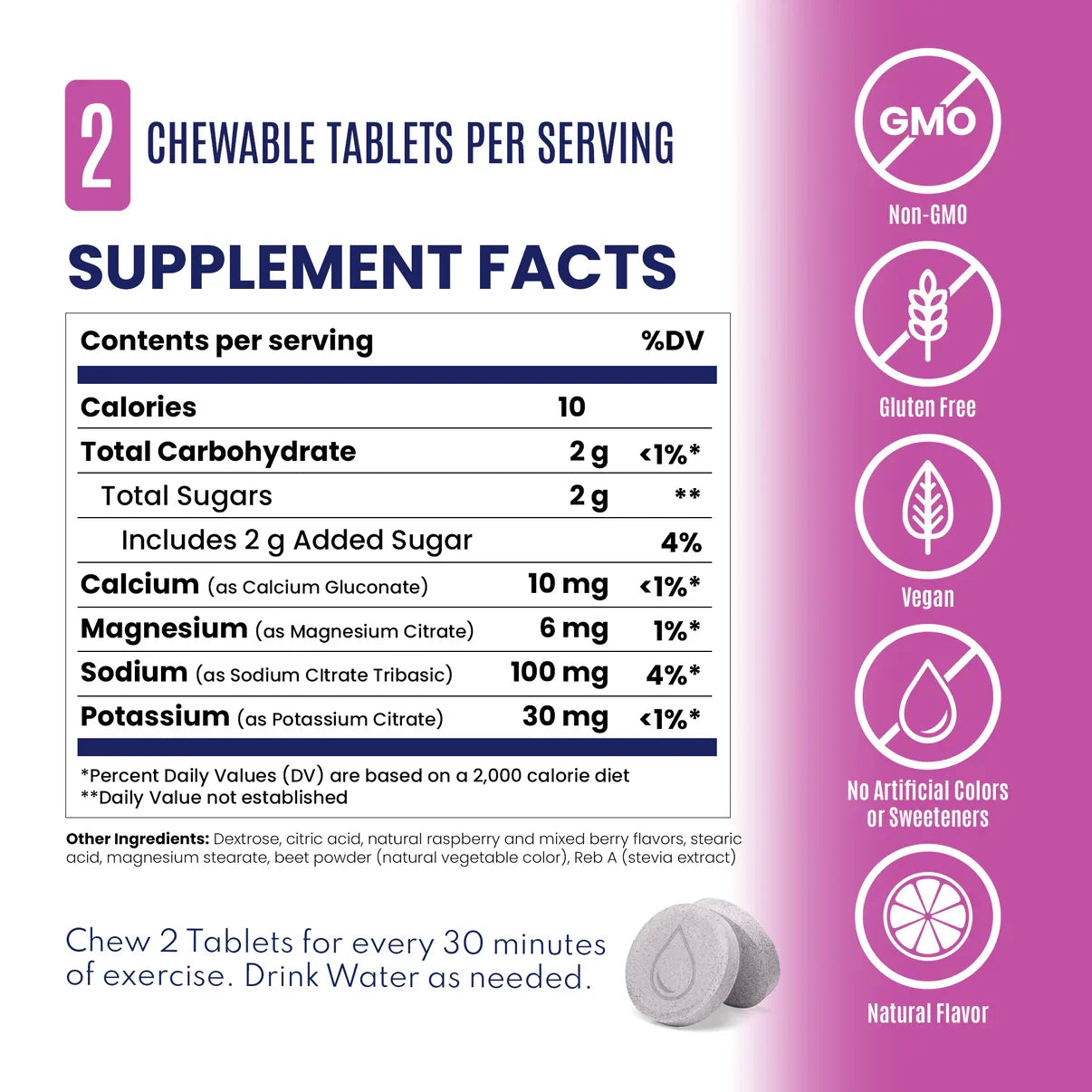 Supplement facts label with chewable tablets on a purple background - SaltStick FastChews - Mixed Berry 