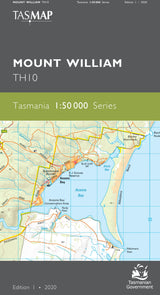 Front cover of a TASMAP Mount William TH10 map publication from Tasmania, showing a detailed coastal and inland map with roads, bays, and labels on a dark gray background with a green band. - Tasmap 1:50000 Topographic/Cadastral Maps - Mount William